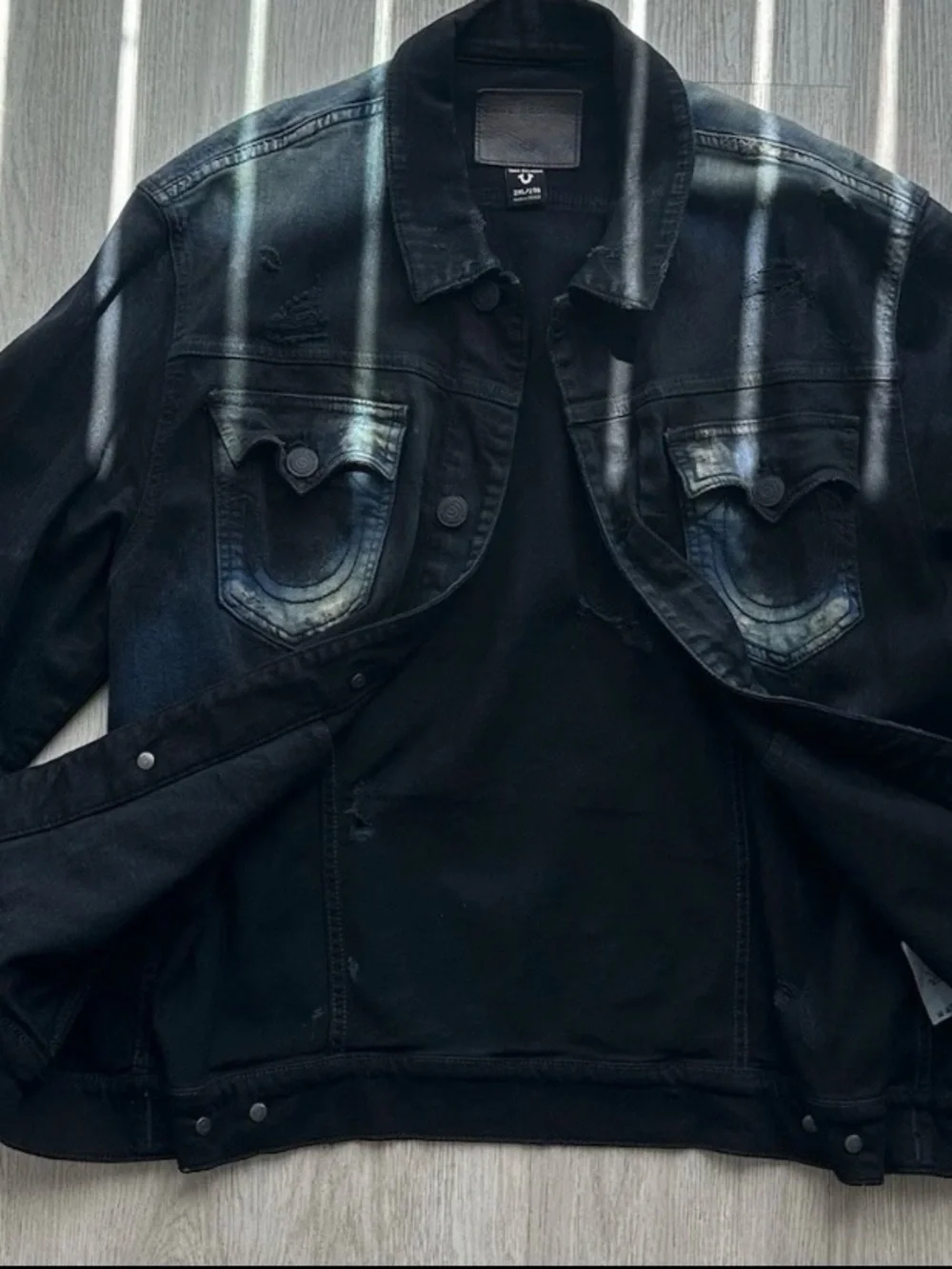 True Religion Men's Black Washed Denim Jacket with Faded Blue Accents